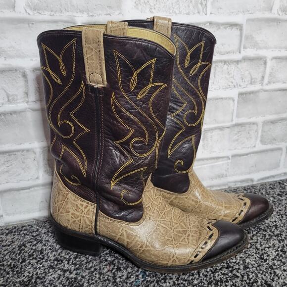 Double H Wingtip Tan & Brown Cowboy Boots, size 9D - Picture 1 of 11